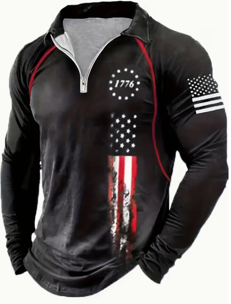 Men's long-sleeved zip-up shirt, vintage tattered American flag print from spring and autumn