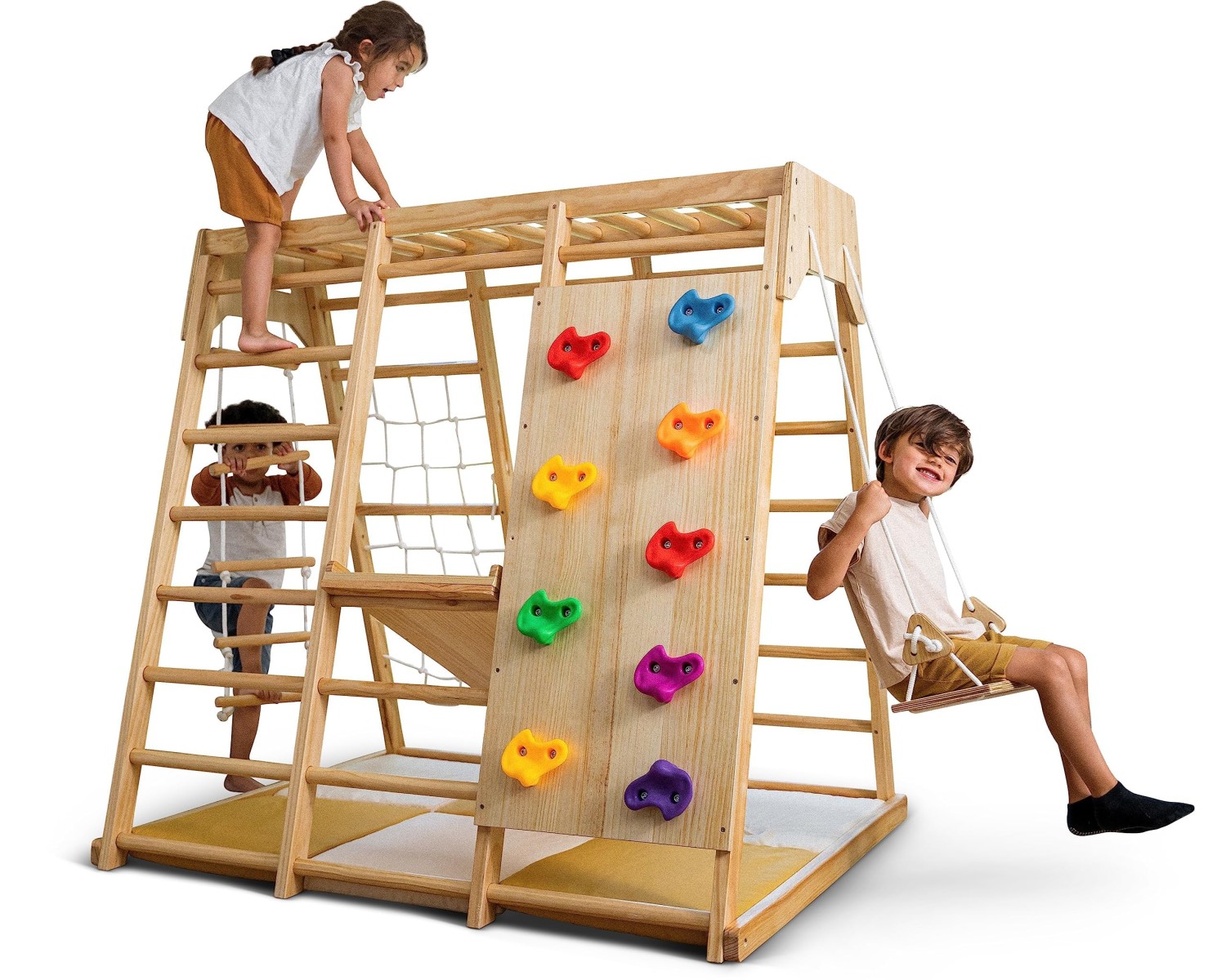 Avenlur Magnolia Indoor Playground 6-in-1 Jungle Gym Montessori Waldorf Style Wooden Climber Playset Slide, Rock Climbing Wall