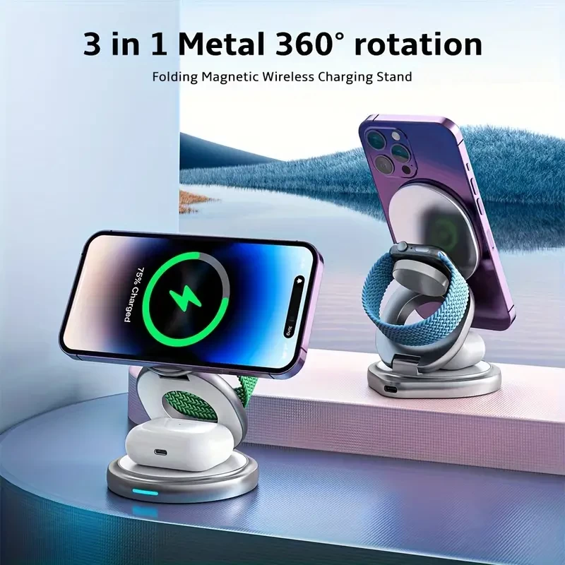 3-in-1 Folding Magnetic Wireless Charger, Compatible With Multiple QI Protocols Wireless Charging Mobile Phone/Headphone/Apple Watch