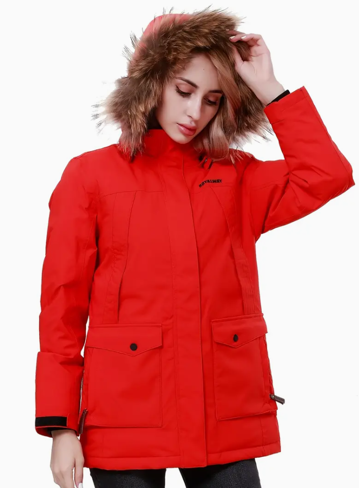 Women's elegant mid-length down jacket with faux fur hat, Beo, woven polyester coat, white duck down fill, solid color, zip detail, winter coat