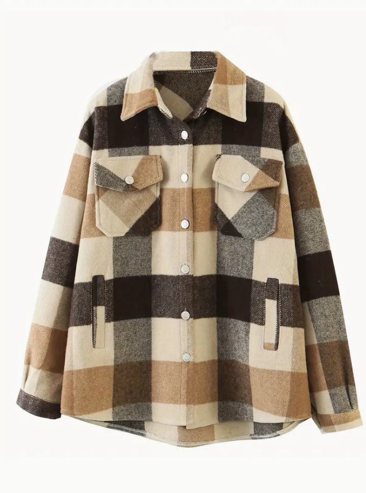 A women's casual plaid crew neck shirt - polyester long-sleeved loose coat with lapels and pockets, perfect for spring and fall