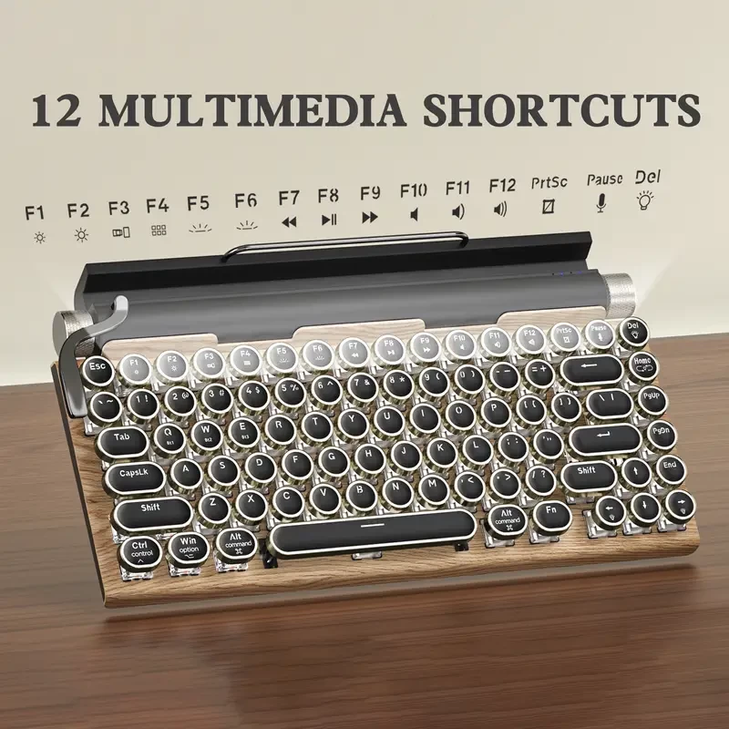 Wired & Wireless Retro Multi-Device Mechanical Typewriter, Compact 80% Layout Keyboard, Hotswappable, Bluetooth 5.0, Round Keycaps, LED Backlit, For Windows/macOS/Android/Linux, Blue Switch