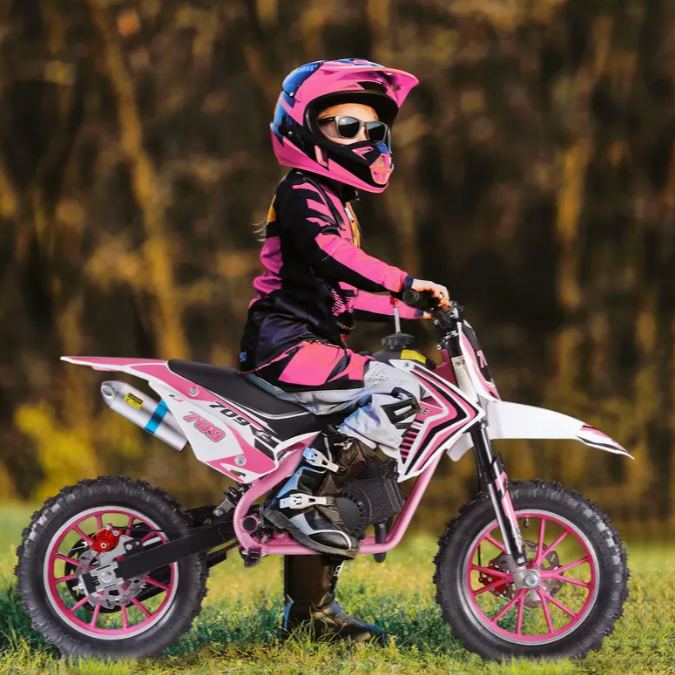 A 47.24*27.56 inch mini motorcycle 49cc 2-stroke off-road, gas-powered off-road, off-road Mini, pocket motorcycle with front and rear disc brakes (pink)