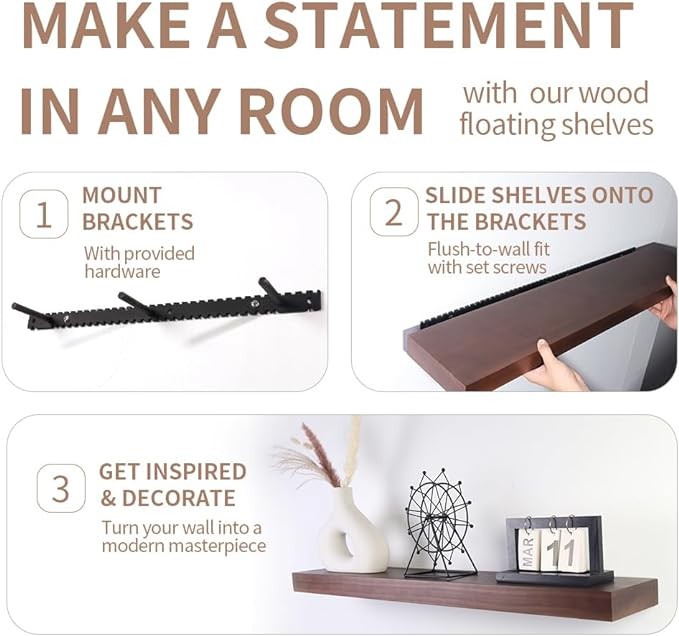Eonvgei Floating Shelves Heavy Duty Hidden Bracket for Multiple Wall Surfaces Natural Solid Pine Wood 1.9" Thickness (American Walnut Color, 24"x6.9"x1.9")