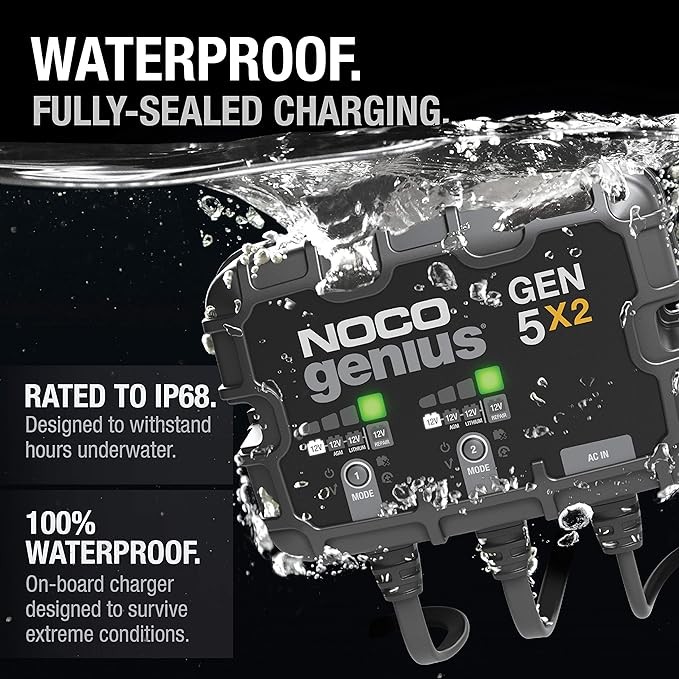 NOCO Genius GEN5X2, 2-Bank, 10A (5A/Bank) Smart Marine Battery Charger, 12V Waterproof Onboard Boat Charger, Battery Maintainer and Desulfator for AGM, Lithium (LiFePO4) and Deep-Cycle Batteries