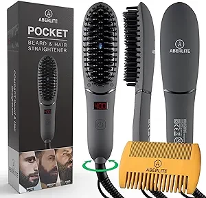 Aberlite Pocket - Compact Beard Straightener for Men - Ionic & Anti-Scald Technology - Beard Straightening Heat Brush Comb Ionic - for Home and Travel
