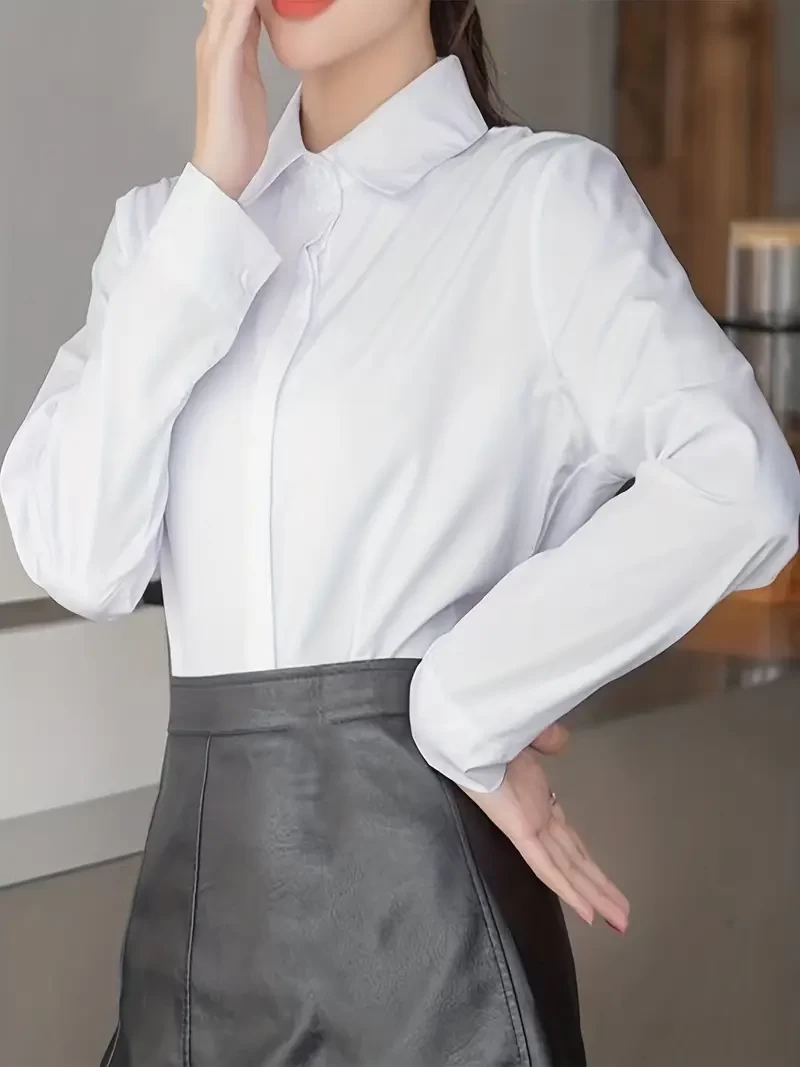 One-color neckline shirt, business formal long-sleeved shirt for work and office, women's wear
