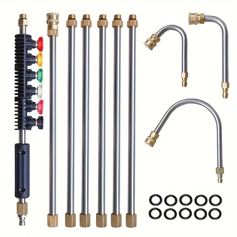 10pcs/set High Pressure Washer Extension Wand, 1/4" Quick Connect Power Washer Lance With 6 Nozzle Tips, 30°, 90°, 120° Gutter Cleaning Curved Rod, 4000 PSI, Uesd For Roof Drainage Ditch, Exterior Wal