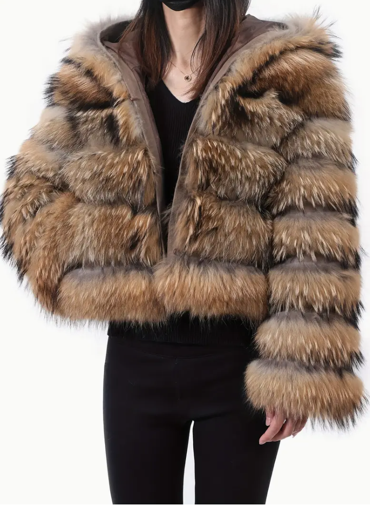 An elegant lady's fur imitation hooded coat - polyester knit fabric, solid color, long sleeves, non-elastic, winter chic, feathered detail, single button opening, slit hem - perfect for going out