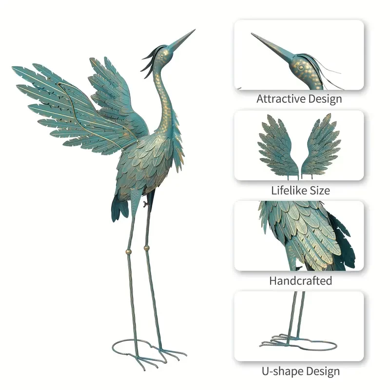 2pcs Outdoor Crane Statue, Garden Iron Heron Statue, Yard Art, Standing Cyan Statue, Decoration For Yard, Pond, Lawn, Garden, 38-42 Inches