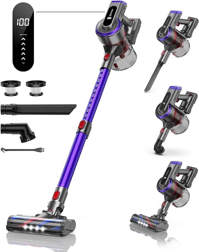 BuTure Cordless Vacuum Cleaner, 450W 38Kpa Powerful Stick Vacuum with 55min Runtime Detachable Battery, Touch Display and 1.5L Large Dust Cup, Vacuum Cleaners for Hardwood Floor Carpet Car Pet