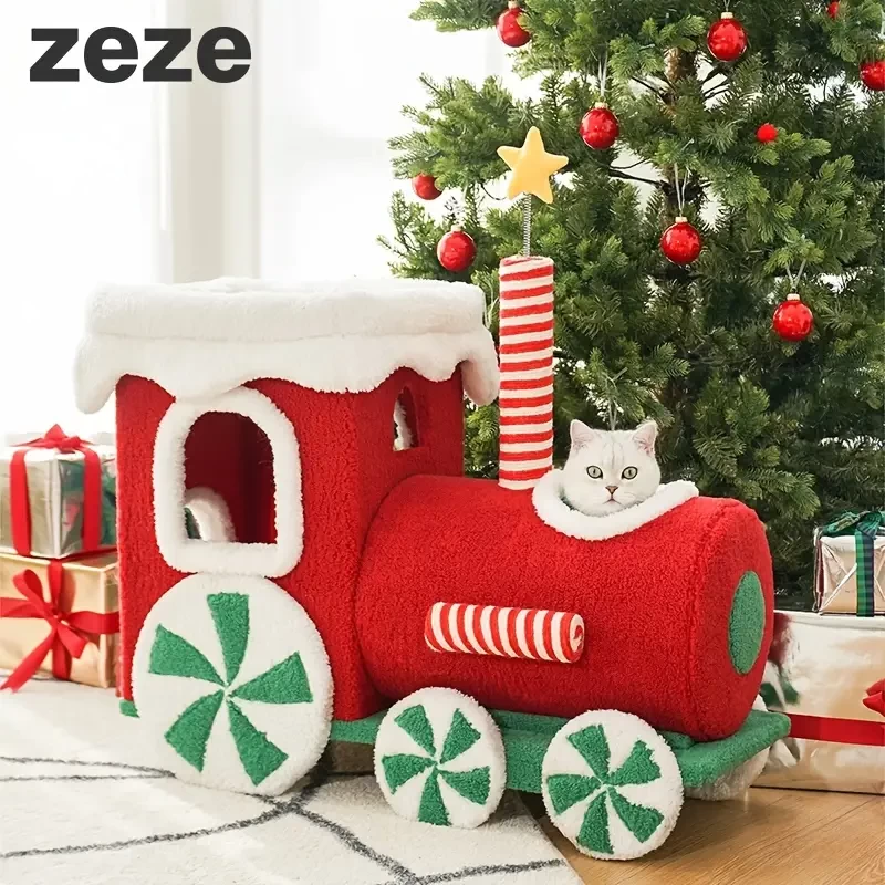 Zeze Christmas Train Cat Tree Christmas Decorations, Cat Nest Integrated Multifunctional Cat Climbing Frame Toy, Cat Scratching Post, Cat Bed