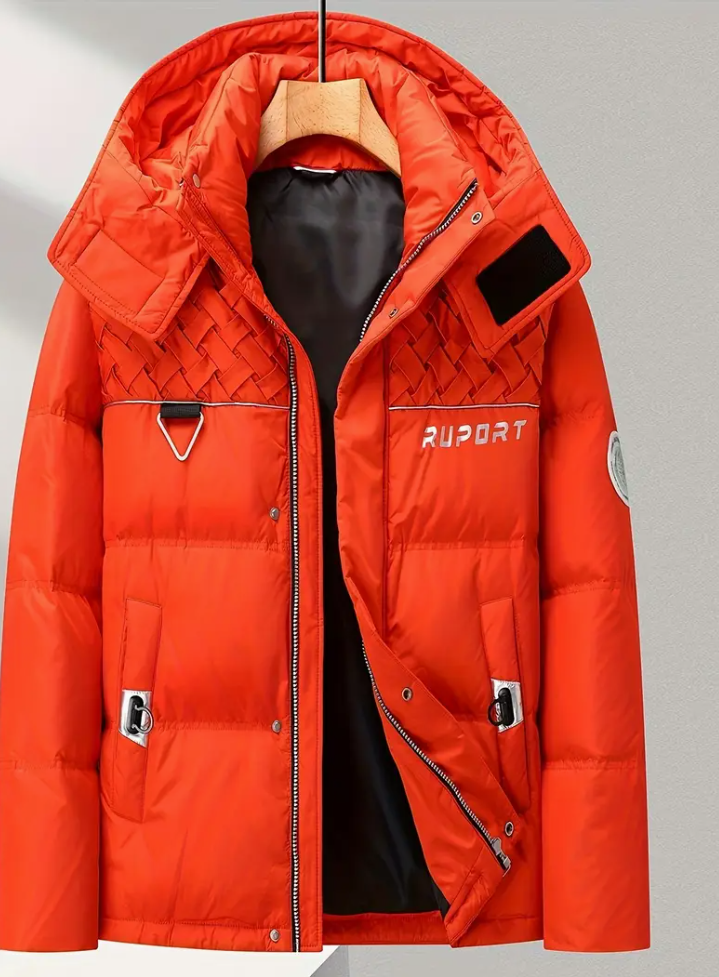 Men's letter-printed label decorated hooded bubble jacket, long-sleeved stand-up collar down jacket, comfortable warm fashion winter winter down jacket as a gift
