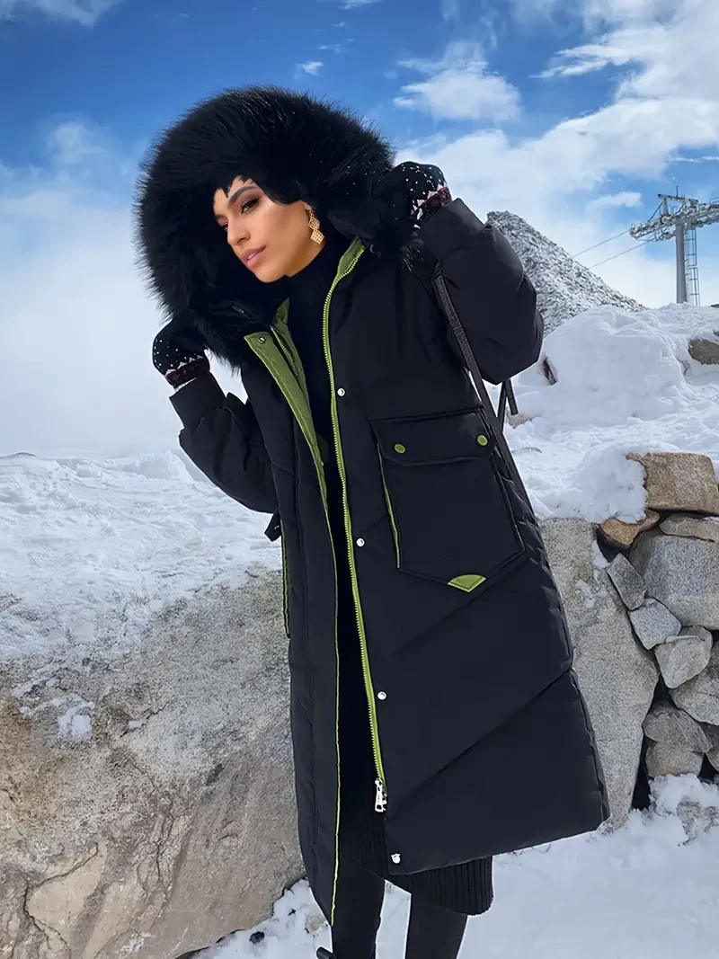 Fluffy Trim Hooded Warm Coat, Elegant Long Sleeve Winter Outerwear, Women's Clothing