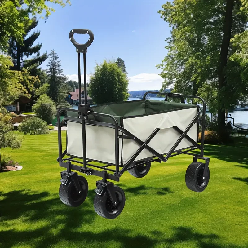 1pc Foldable Storage Cart, Double Decker Cart, Beach Wagon Cart, Camping Folding Storage Cart With Wheels, Heavy Duty Wagon Cart, For Outdoor Camping Shopping Storage