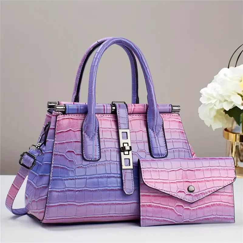 2pcs/set Luxury Crocodile Print Satchel, Fashion Top Handle Tote Bag, Women's Casual Handbag, Shoulder Bag & Clutch Purse