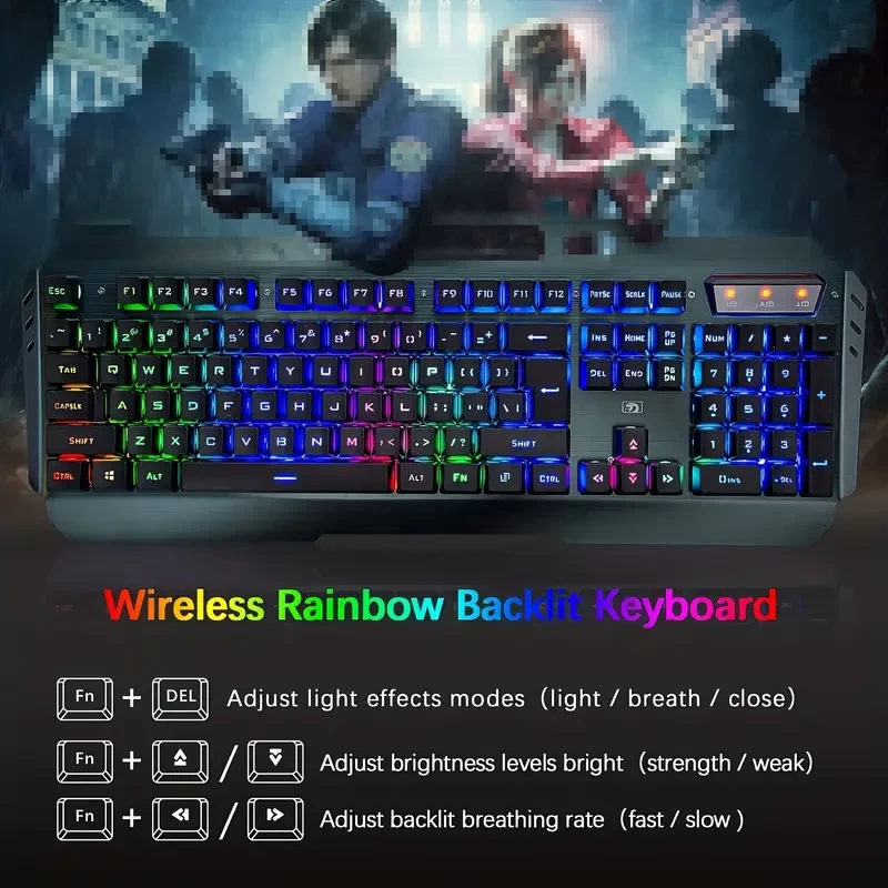 670 Wireless Esport Keyboard And Mouse,Rainbow Backlit Rechargeable Keyboard With 3800mAh Battery Metal Panel,Mechanical Feel Keyboard And 7-Color Mute Gaming Mouse For Windows Computer Gamers Gift Fo