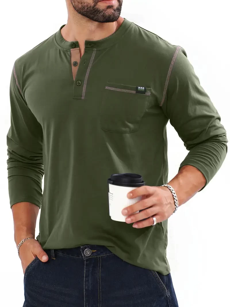 Autumn and winter new color contrast long sleeve T-shirt men's fashion color contrast line decoration cardigan Henry shirt fashion sweatshirt