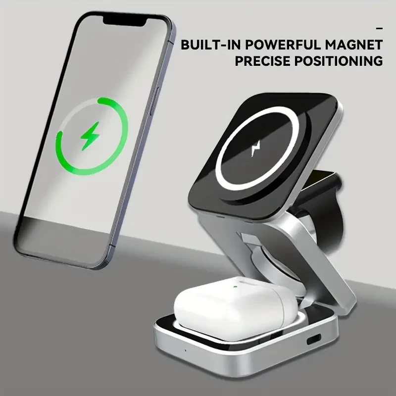 3-in-1 Foldable Magnetic Wireless Charger, Type-C Input, Maximum Output For Phone 15W, Watch 3W, And Earphones 5W
