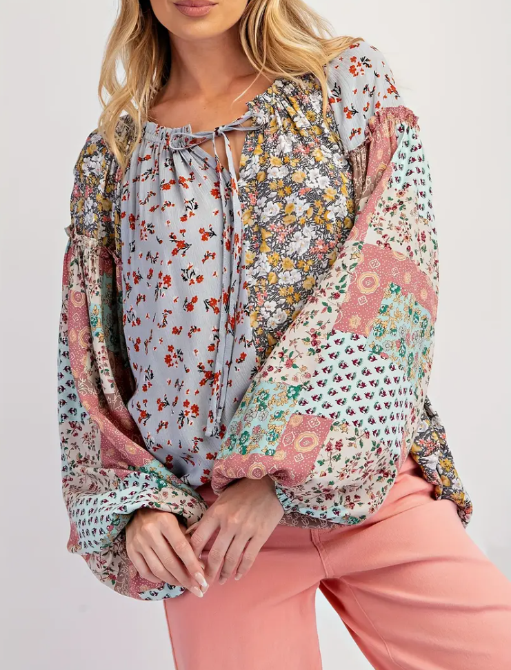Women's Boho long-sleeved shirt - casual elastic crew neck floral patchwork, V-neck with lace-up details, adult woven spandex top - perfect for all seasons