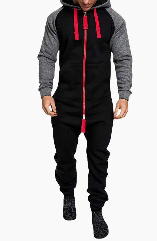 Men's hooded onesie, zipper open in contrasting colors, long sleeve, full-length onesie, with pockets, winter and fall wear