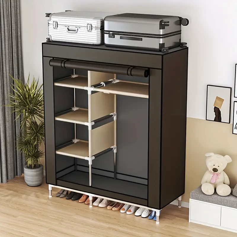1pc Simple Clothes Storage Closet With Dust Cover, Easy Assembly Large Storage Wardrobe, Durable Clothes Storage Rack For Shirts, Dress, Household Storage Organizer For Cabinet, Rental House, Bedroom,