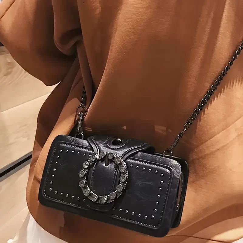 Retro Round Rhinestone Buckle Bag - Punk Design Square Crossbody Bag, Rivets Decor Purse For Women
