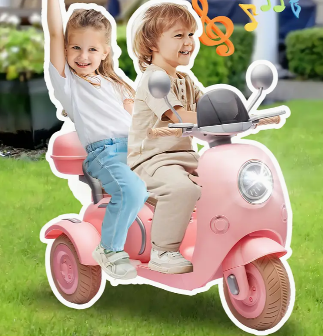 12V two-seater children's electric toy motorcycle, three-wheeled children's toys, slow start, multi-function player, USB, lights, adult clamshell back seat, children 3-6 years old, large storage box f