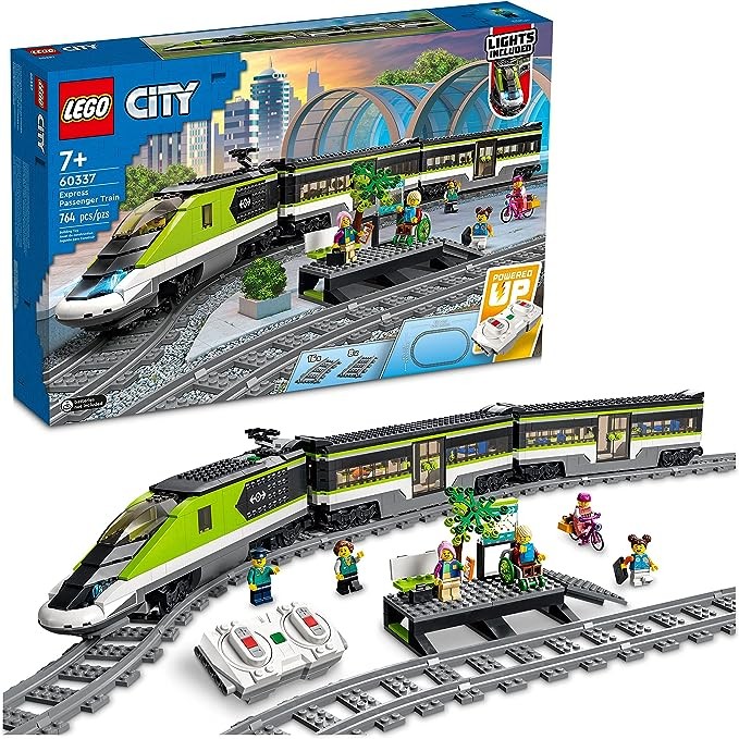 LEGO City Express Passenger Train Set,60337 remote control toy, gift for kids, boys and girls, with working headlights, 2 trainers and 24 track parts