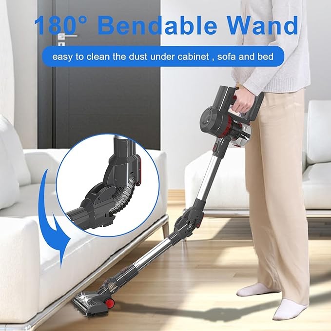 QTGPET Cordless Vacuum Cleaner, 25Kpa Strong Suction, 40 mins Runtime, 6-in-1 Vacuum Cleaner with Detachable 2200mAh Rechargeable Battery, Lightweight Stick Vacuum for Pet Hair/Carpet/Hardfloor