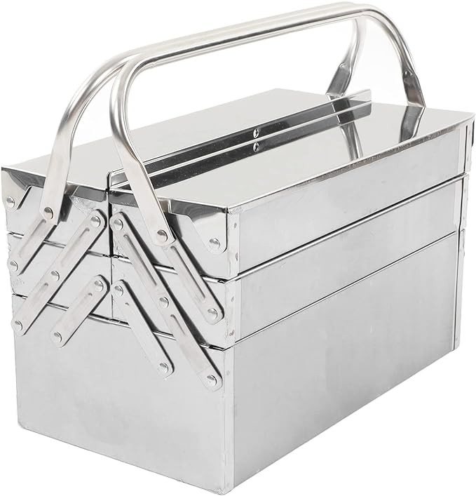 Metal Tool Box, Portable Folding Stainless Steel Storage Box 3 Layer 5 Tray Multi Function Tool Organizer Heavy Duty Rust Resistant Scratch Resistant Finish Cantilever Toolbox (460)