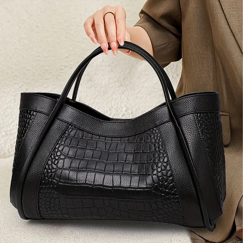 Black Crocodile Embossed Handbag, Large Capacity Zipper Tote Bag, Genuine Leather Detachable Strap Crossbody Bagipper Tote Bag, Genuine Leather Detachable Strap Crossbody Bag