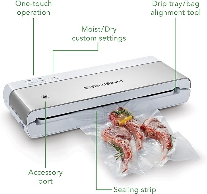 FoodSaver Compact Vacuum Sealer Machine with Sealer Bags and Roll for Airtight Food Storage and Sous Vide, White