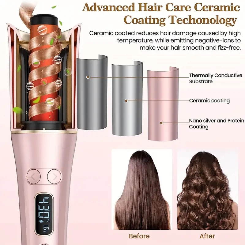 Auto Hair Curler, Automatic Curling Iron Wand With 4 Temperatures & 3 Timers & LCD Display, Curling Iron With 1" Large Rotating Barrel, Dual Voltage Auto Shut-Off Spin Iron For Hair Styling