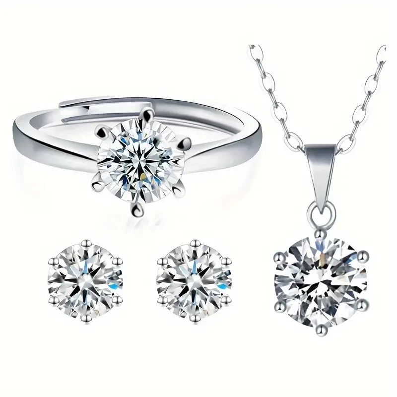 1sets 6-Prong Moissanite Adjustable Ring + Pendant Necklace + Stud Earrings Jewelry Set, With Rose Flower Gift Box For Girls Christmas Confession Gift