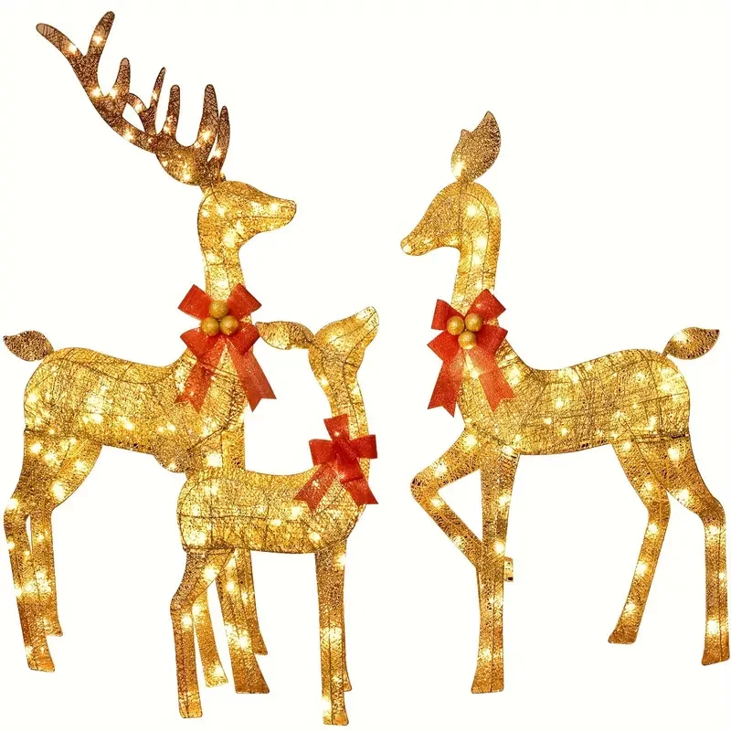 3pcs/set Christmas Iron Ornaments, Creative Christmas Elk Led Luminous Deer Lamp, Holiday Decoration