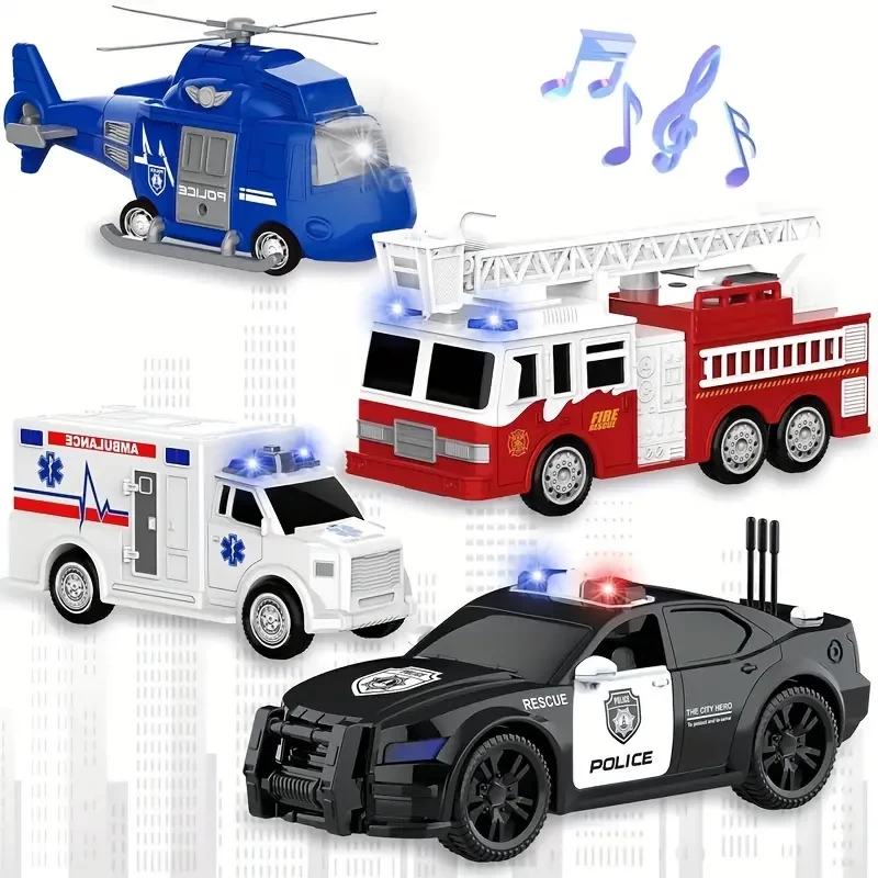 4pcs Emergency Rescue Vehicle Toys Set, For Children, Rescue Helicopter, Police Car, Fire Truck, Ambulance Friction Powered Toy, Halloween Gift Christmas Gift