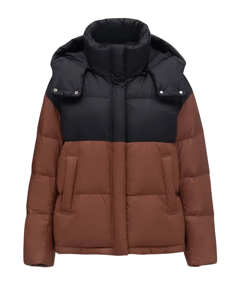 Color Block Hooded Warm Coat, Casual Stand Collar Long Sleeve Outerwear, Women's Clothing