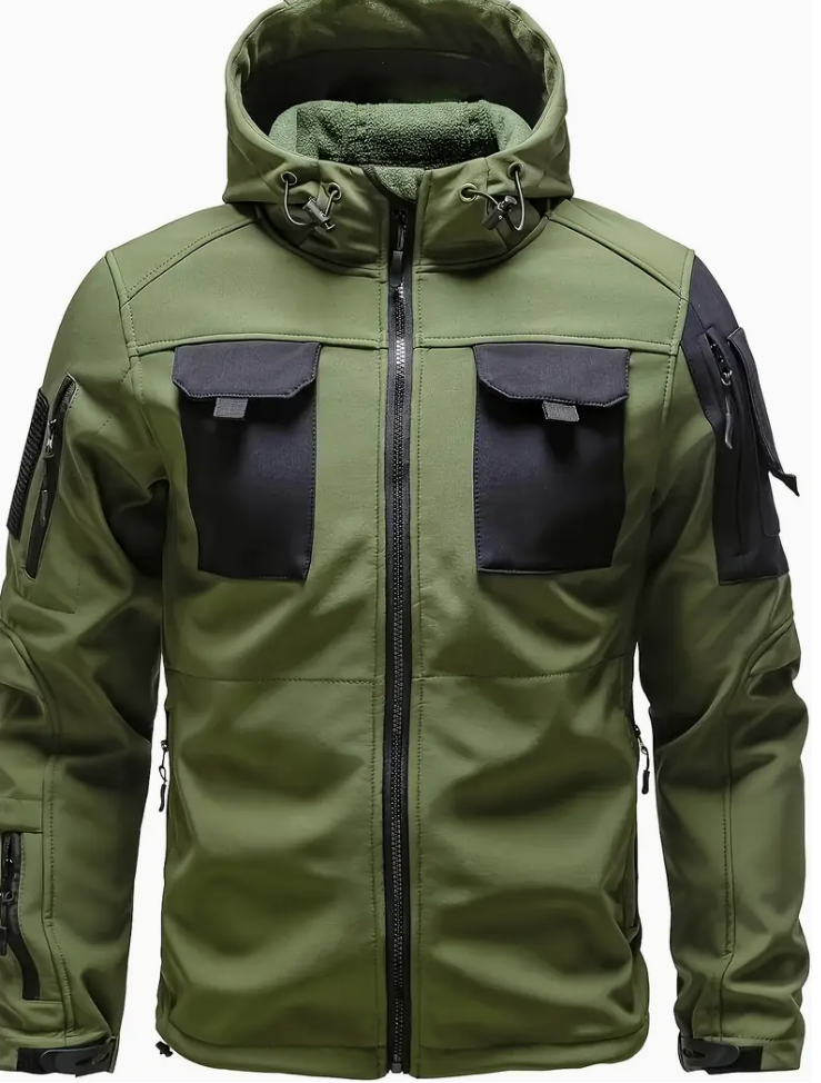 A hardy and warm outdoor outfit, consisting of two pieces, comes with a waterproof jacket with multiple pockets and a hat, wide pockets for mass storage, and a design for retaining heat. This stylish 