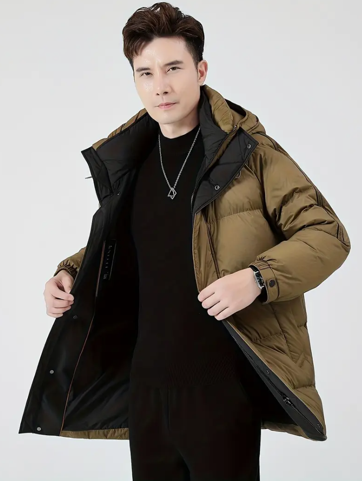 Men's solid color hooded puffs jacket, long sleeve zipper thickened stand-up collar down jacket, cozy warm stylish winter wear as gifts