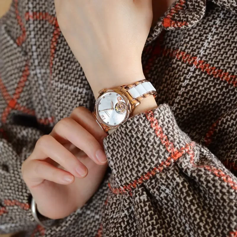 HANBORO Fashion Trendy Cool Fully Automatic Mechanical Waterproof Watch With Ceramic Strap, Ideal Choice For Gifts