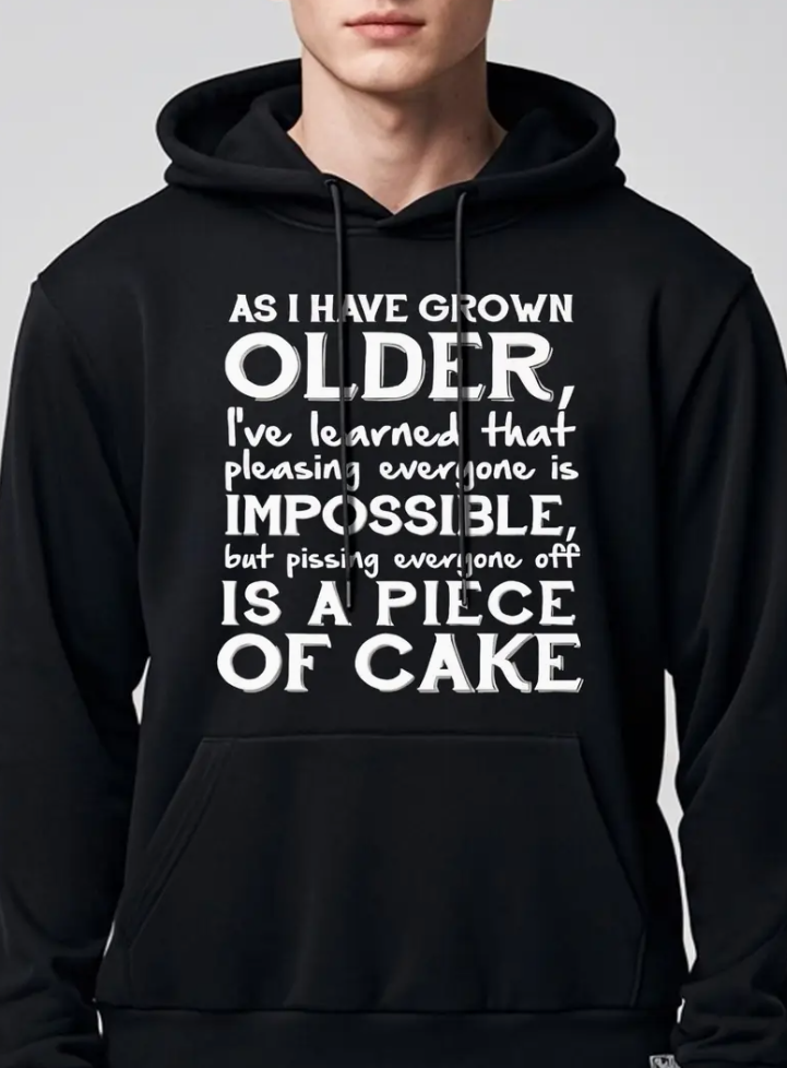A men's casual polyester hoodie, slightly stretchy - letter pattern "Pleasing everyone is impossible" - round neck, pockets, drawstring, comfortable fit - Fall/Winter streetwear - Made in the USA