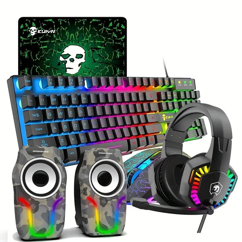 Wired Mechanical Feel Gaming Keyboard And Mouse Set Rainbow LED 104 Keys USB Illuminated Light Up Keyboard 2400DPI 6 Buttons Optical Gaming Mouse Mice For PS4 Xbox PC Laptop+3.5mm Audio Jack Wired Hea