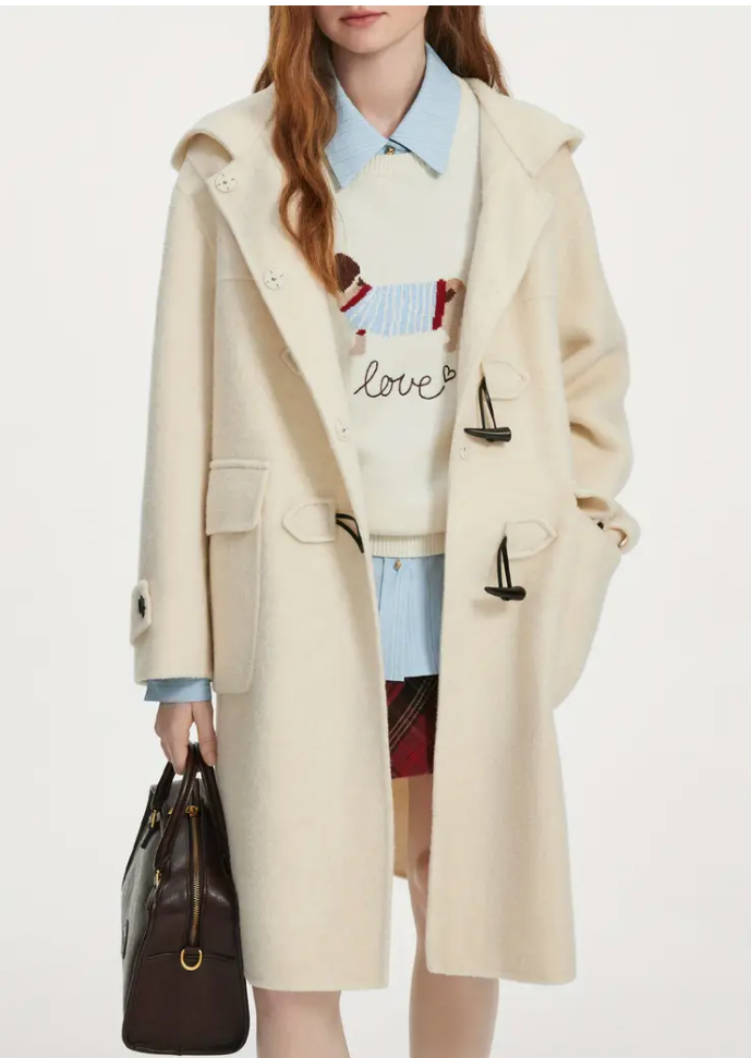 Van Slann College wind hooded wool coat for women Autumn Winter 2024 new horn buckle wool coat 14226