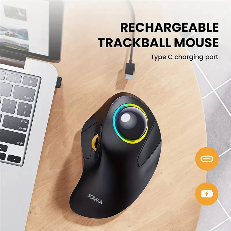 JOMAA Wireless Bluetooth Trackball Mouse, Ergonomic RGB Ball Mouse Rechargeable Computer Laptop Mouse, 3 Device Connection And Index Control, Compatible With IPad,Mac,Windows