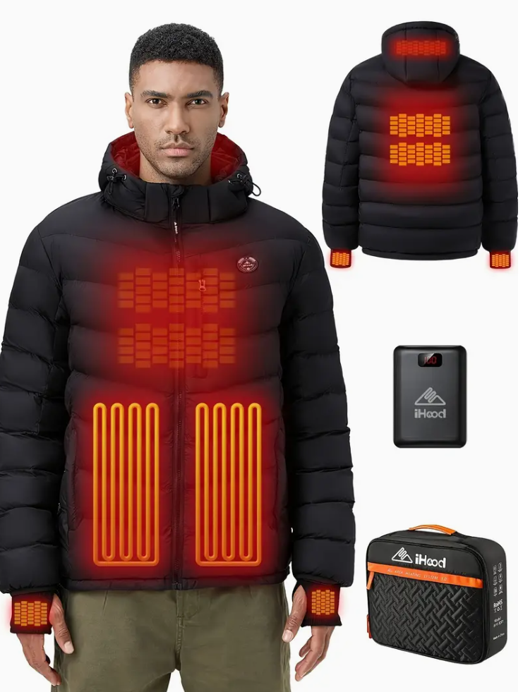 iHood Men's heated jacket with 12V battery pack - Warm lightweight hooded hand heated electric heated down jacket