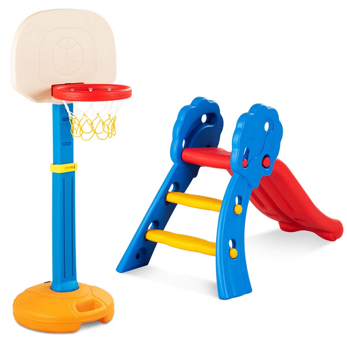 BABY JOY Folding Slide & Basketball Stand Set, Plastic Play Slide Climber, Basketball Hoop with Adjustable Height
