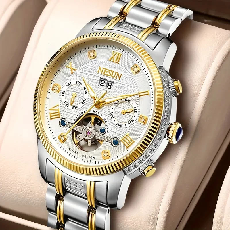Nesun Fully Automatic Men's Mechanical Watch, Steel Waterproof Hollow Flying Wheel Multifunctional Business Wrist Watch