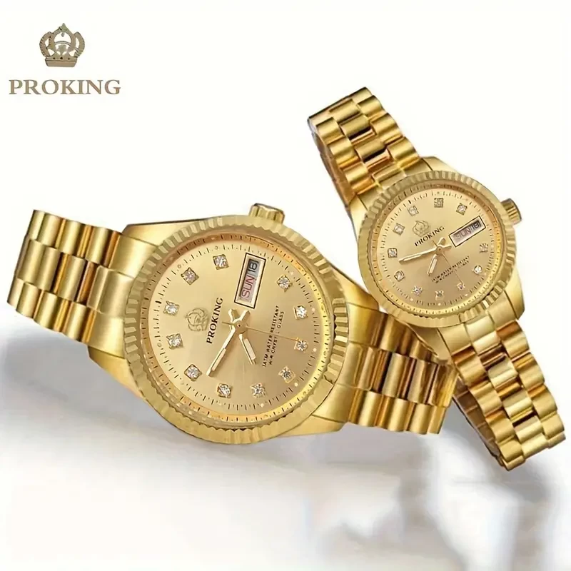 PROKING Men's Golden Waterproof Dual Calendar Solid Core Steel Band Business Wristwatch