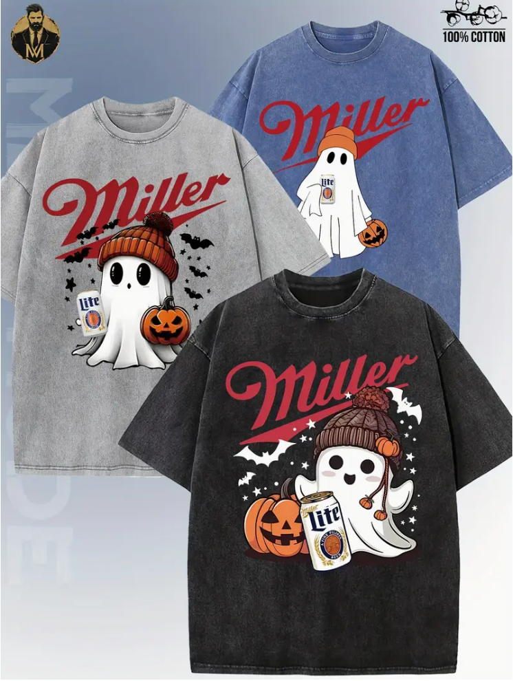 3 Halloween Miller Ghost Print T-shirts, 100% cotton, crew neck, short sleeve, casual loose version, knitted fabric, non-stretch, regular length, Adult - Summer streetwear top